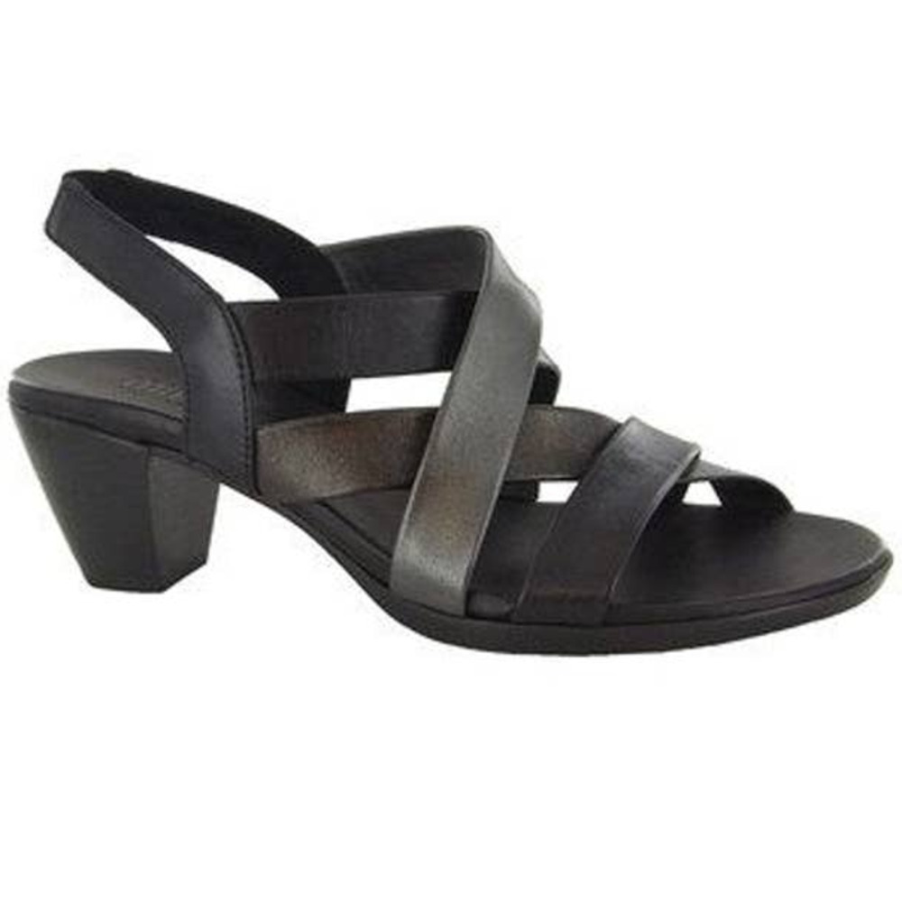 Munro Stella Peep Toe Strappy Sandal Black Pewter Metallic Heels Sz 7.5